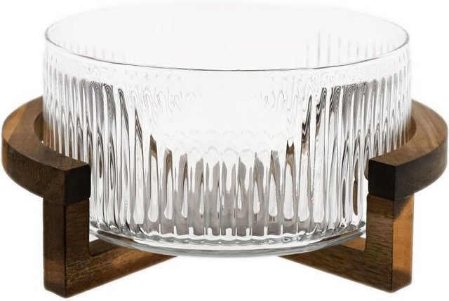 Almina Terra Vetro Medio Glasschale mit Holzgestell und Relief-Design, transparent, Durchmesser: 24 cm, Höhe: 19 cm - Bild 1