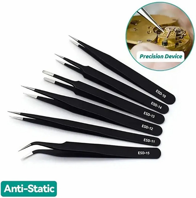 6-teiliges ESD Antistatik-Pinzetten-Set aus schwarzem Edelstahl für Elektronik-Reparatur und Präzisionsarbeiten - Bild 1