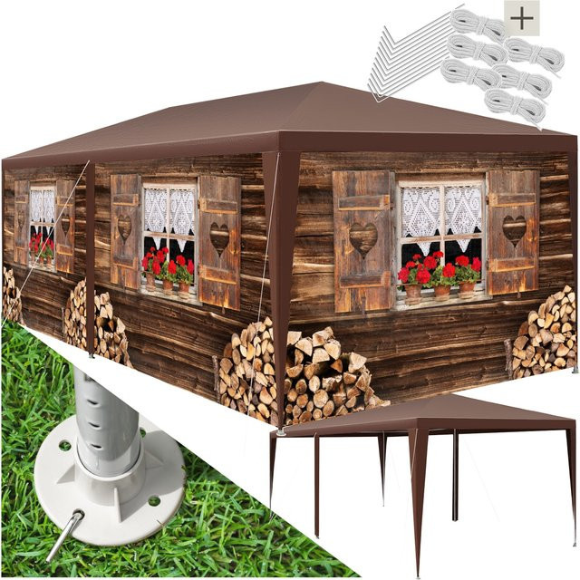 tectake Almchalet Pavillon Braun mit UV-Schutz und wasserdichten Kunststoffplanen B/T/H: 600 x 300 x 250 cm - Bild 1