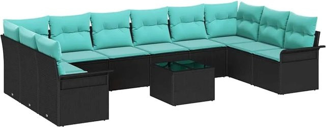 vidaXL Gartensofa-Set aus Poly-Rattan in U-Form mit integriertem Speicher und Kissen in Schwarz und Türkis - Bild 1
