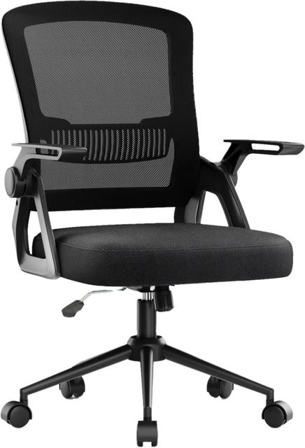 Rattantree Drehbarer Computerstuhl mit 90 Grad klappbaren Armlehnen und Lendenstütze in Schwarz mit Netzrücken und Rollen - Bild 1