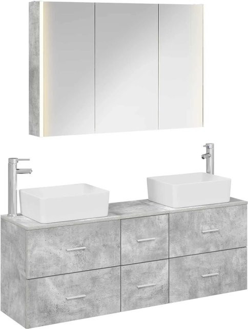 vidaXL Badezimmermöbel-Set 4-teilig in Betongrau mit Glasfronten und LED-Beleuchtung - Bild 1