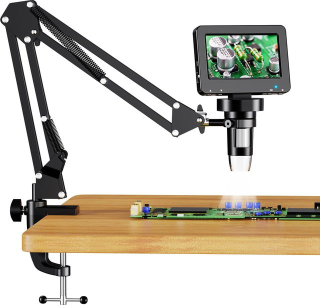 Aikokkl Digitalmikroskop mit 4,3 Zoll Display und flexiblem Armständer, Münzmikroskop mit 8 Lichtern für PC-Ansicht, Farbe: Schwarz - Bild 1