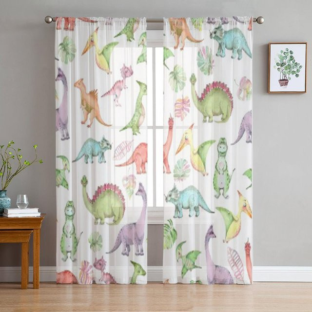 Super Six Aquarell Dinosaurier Tüllvorhang in Weiß, Transparent, B: 135 cm, H: 114 cm - Bild 1