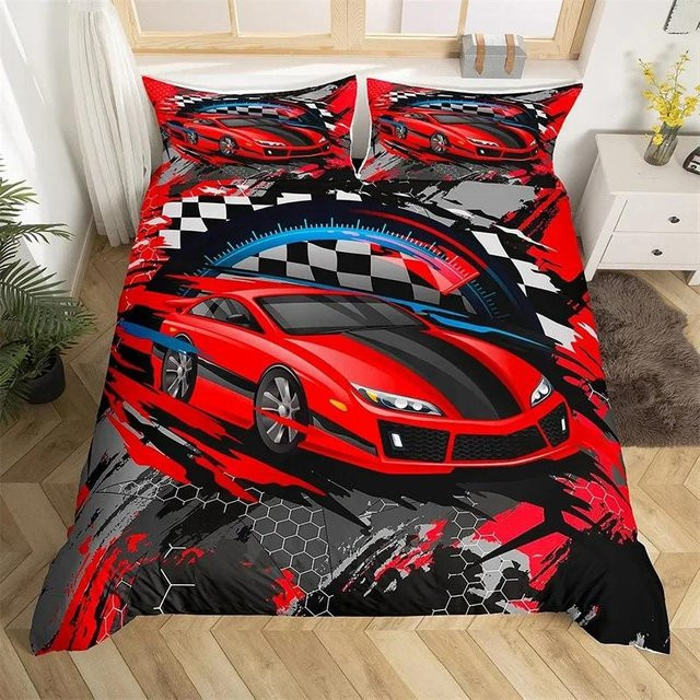 Rennwagen Bettwäscheset für Kinder aus Mikrofaser mit Automobil-Motiv und Wabenmuster, Farbe Rot, B/H: 135 x 200 cm - Bild 1