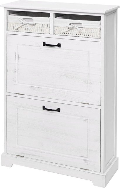Schuhkipper MCW-H19 Schuhschrank aus Massivholz in Weiß im Shabby-Look mit Korb-Schublade, B/T/H: 100 x 24 x 60 cm - Bild 2