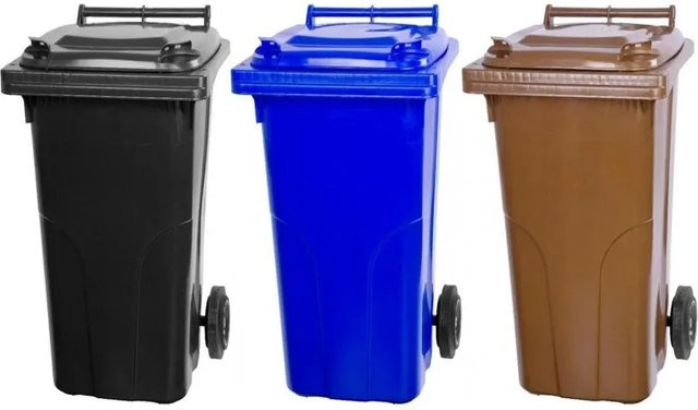 PROREGAL SuperSparSet 3x Mülltonne mit 2 Rädern aus HDPE-Kunststoff, 120 Liter, Farben: Grau, Schwarz, Blau und Braun - Bild 1