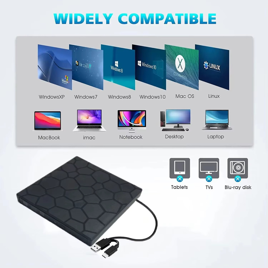 GGBEE 7-in-1 Externes DVD-Laufwerk mit USB-C und USB 3.0, Tragbarer CD-Brenner für Desktop, Mac, Windows und Linux, Schwarz - Bild 6