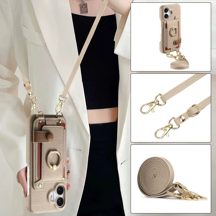 Leder-Umhängetasche mit Kartenhalter und Lanyard-Ring als Handyhülle für Apple iPhone, Farbe: Grau - Bild 4