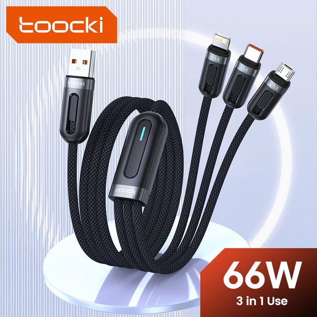 Toocki 3-in-1 USB-Kabel mit 66 W Schnellladung, PD USB-C und Micro-USB, kompatibel mit iPhone, Xiaomi, POCO und OPPO, in Schwarz oder Blau - Bild 1