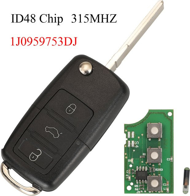Jingyuqin Remote Key mit 3 Tasten und 315 MHz ID48 Chip für Volkswagen VW Bora Golf Sharan Passat Leon Toledo in Schwarz und Weiß mit HU66 Klinge 1J 0959753 DJ - Bild 1