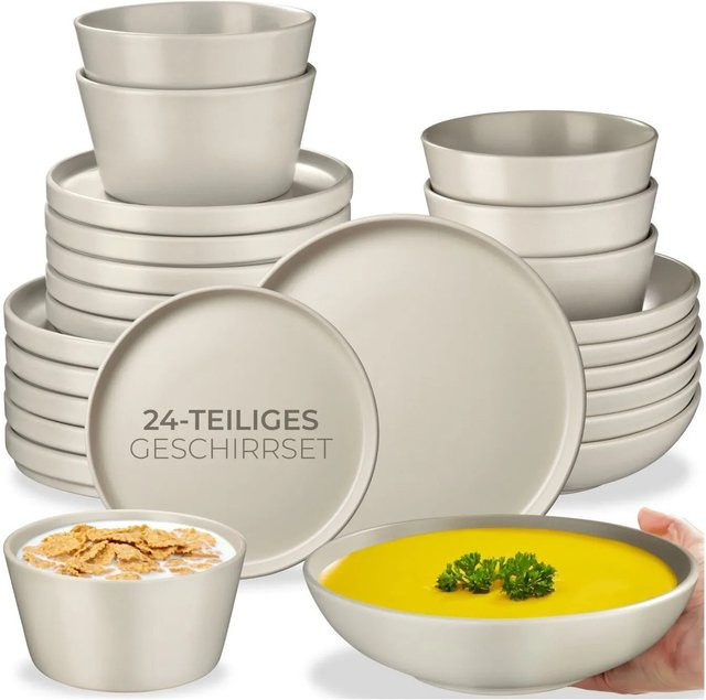 tectake Tafelservice Una aus Steingut für 6 Personen in Beige, stapelbar, mikrowellen- und spülmaschinenfest, B/T/H: 26 x 26 x 2,3 cm - Bild 1
