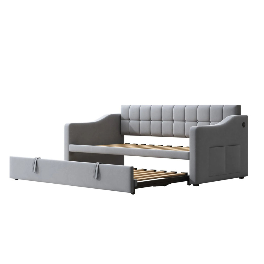Merax Schlafsofa aus Samt mit USB-Ladefunktion in Hellgrau, B/T/H: 190 x 90 x 40 cm - Bild 2