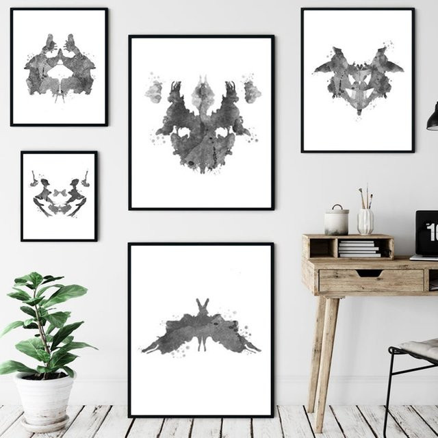 Rorschach Test Aquarell Wandkunst Leinwand Malerei von Potdemiel in Schwarz-Weiß für Klinik und Psychologen - Bild 1