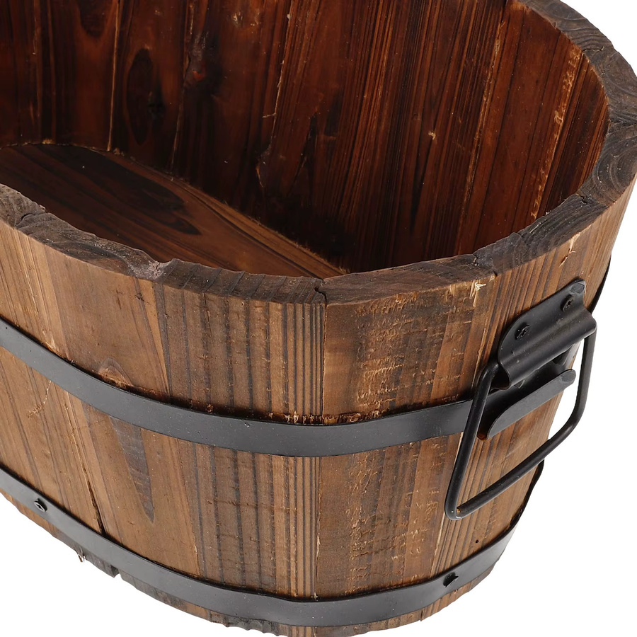 Rustikaler Blumentopf aus Holz in Braun im Fass-Design, ovaler Pflanzkübel für Garten und Innenbereich, B/T/H: 39,0 x 23,0 x 17,0 cm - Bild 3