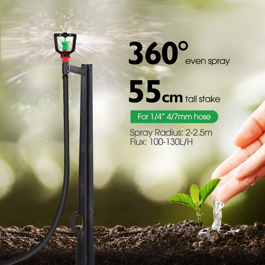 MUCIAKIE 10er Set 360-Grad-Düse Bewässerungssprinkler mit 55 cm Pfahl für 1/4 Zoll Schlauch in Schwarz für Garten und Gewächshaus - Bild 2