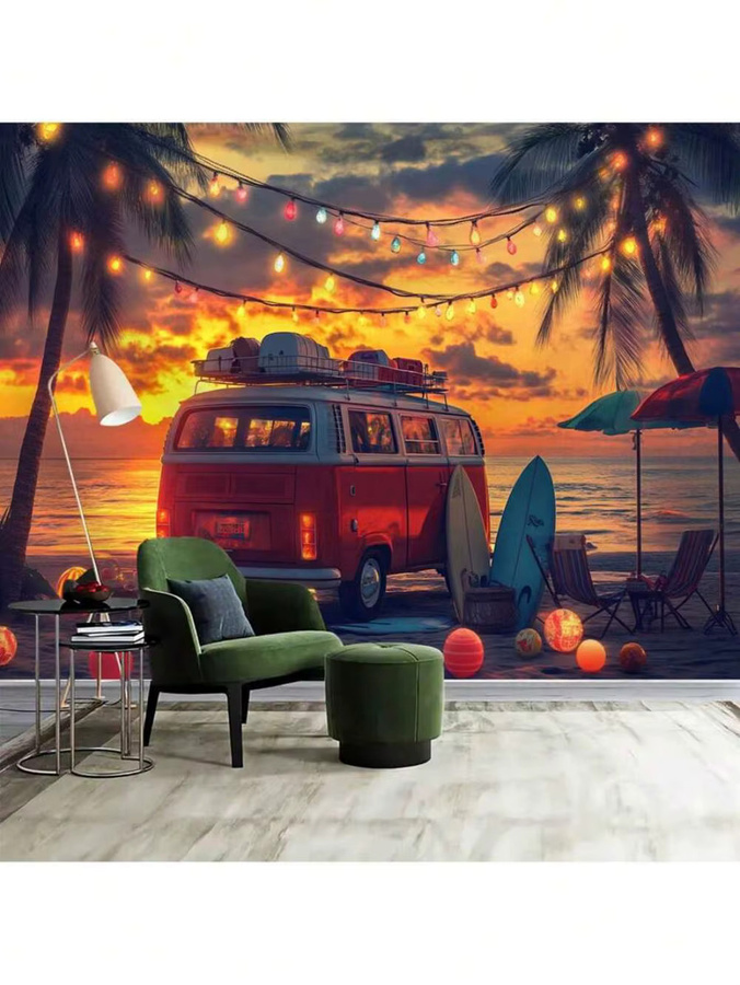VIKAMA Wandteppich mit Sonnenuntergang am Meer und Naturmotiv, Mehrfarbig, Rechteckig - Bild 3
