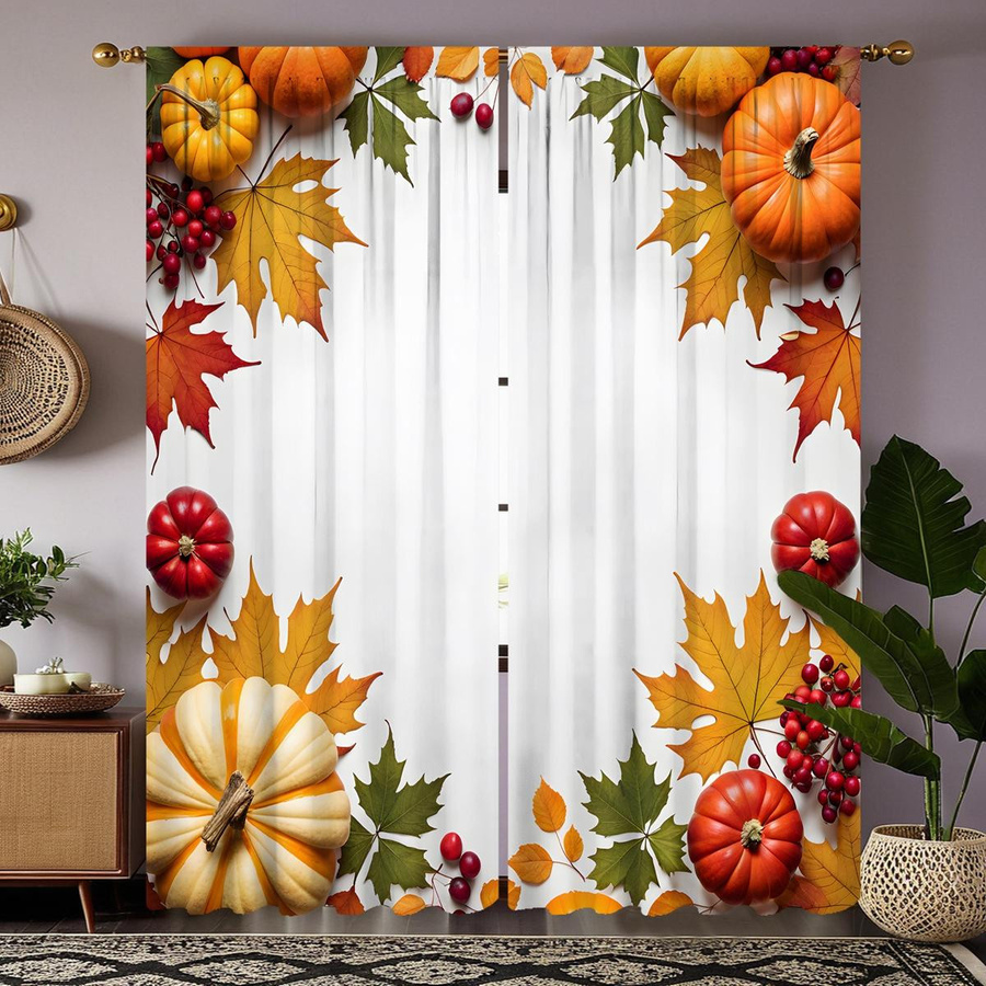 2er Set dekorative Vorhänge mit Kürbis und Ahornblatt Motiv in Weiß und Multicolour, Breite: 132 cm, Höhe: 160 cm - Bild 2