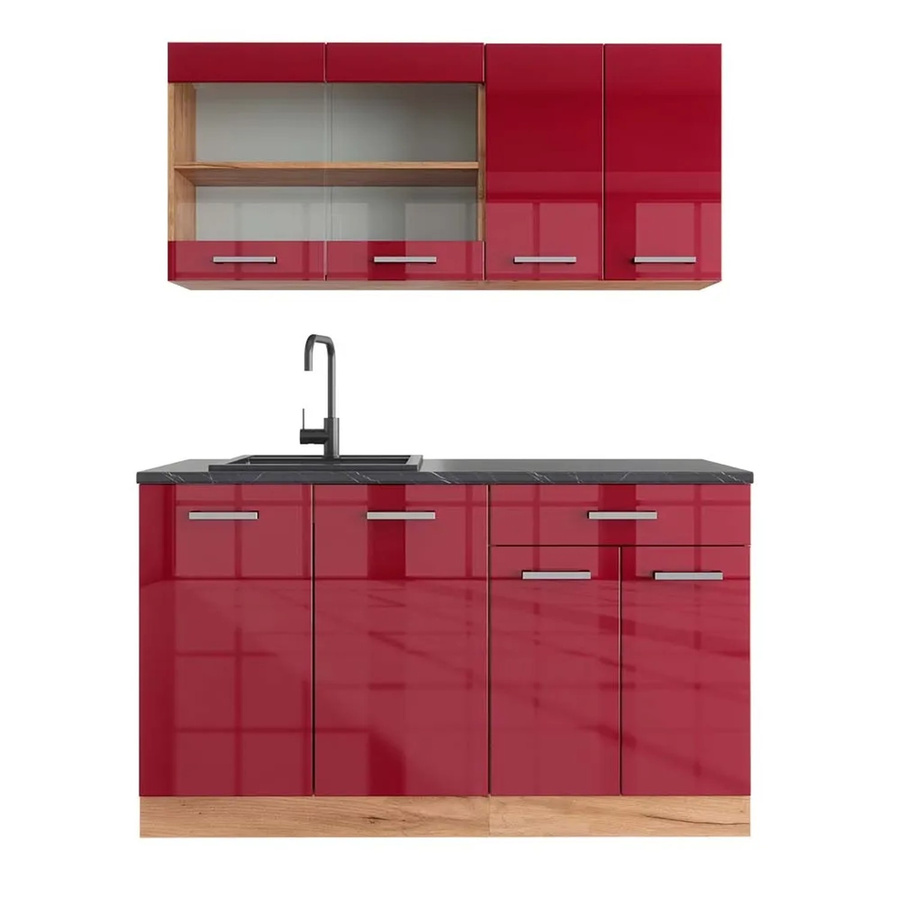 Vicco R-Line Singleküche Bordeaux Hochglanz und Goldkraft Eiche mit Anthrazit, Breite: 140 cm - Bild 2