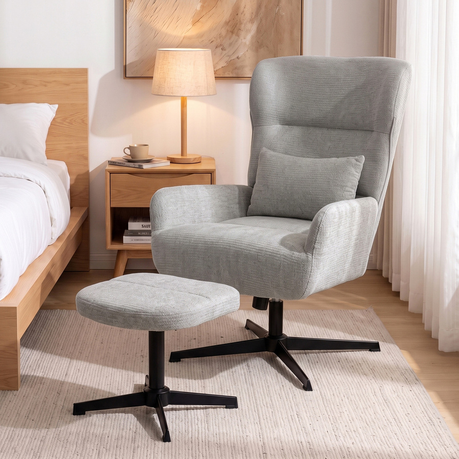 HOMCOM Relaxsessel mit Hocker, drehbarer Loungesessel in Chenille-Optik mit Lendenkissen und Metallbeinen, Cremeweiß - Bild 2