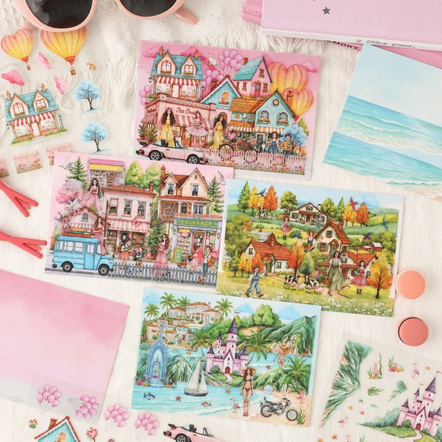 3-teiliges 3D-Aufkleber-Set mit Frühlingskirschblüten und Straßenszenen in Multicolour für Tagebuch-Dekoration und Scrapbooking - Bild 1