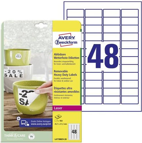 Avery Zweckform L4778REV-20 Folien-Etiketten Weiß, Polyester, B: 45,7 mm, H: 21,2 mm, 960 Stück - Bild 1