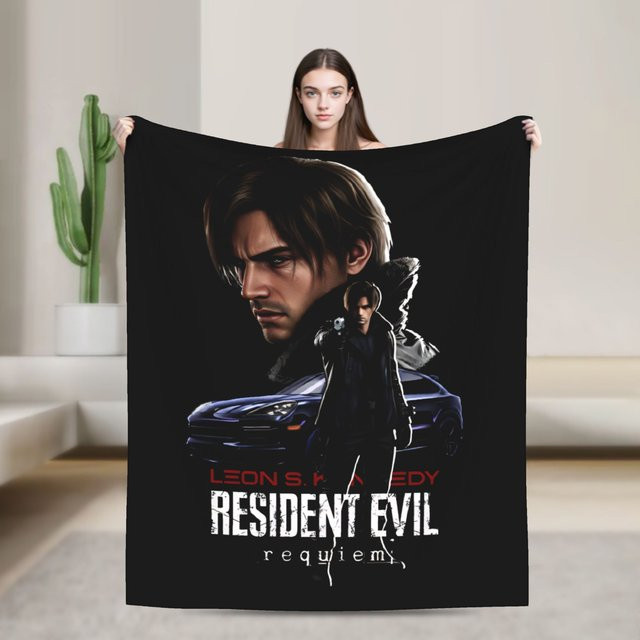 Leon The Chad Kennedy Resident Evil Requiem Flanelldecke aus Polyester in Schwarz, superweiche Winterdecke für Bett und Sofa - Bild 1