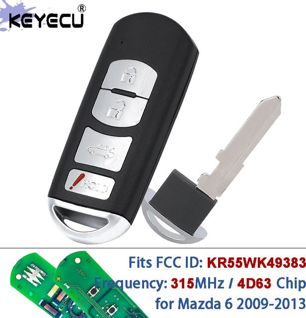 KEYECU 4-Tasten Smart Fernbedienungsschlüssel für Mazda 6 mit 4D63 Chip, 315MHz, FCC ID: KR55WK49383, VDO System, Schwarz - Bild 1