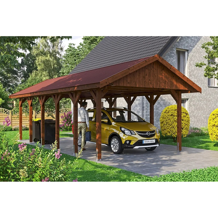 Skan Holz Carport Wallgau Satteldach aus Nadelholz in Nussbaum Braun mit Dachschindeln B: 430 cm, T: 900 cm, H: 326 cm - Bild 2