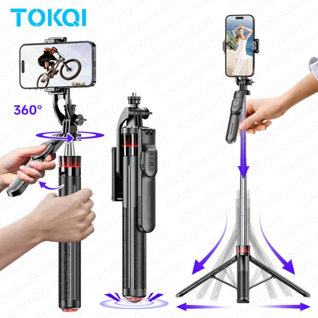 TOKQI Selfie-Stick mit ausziehbarem Stativ und automatischem Handyhalter in Schwarz für Vlog-Aufnahmen und Actionkameras - Bild 1