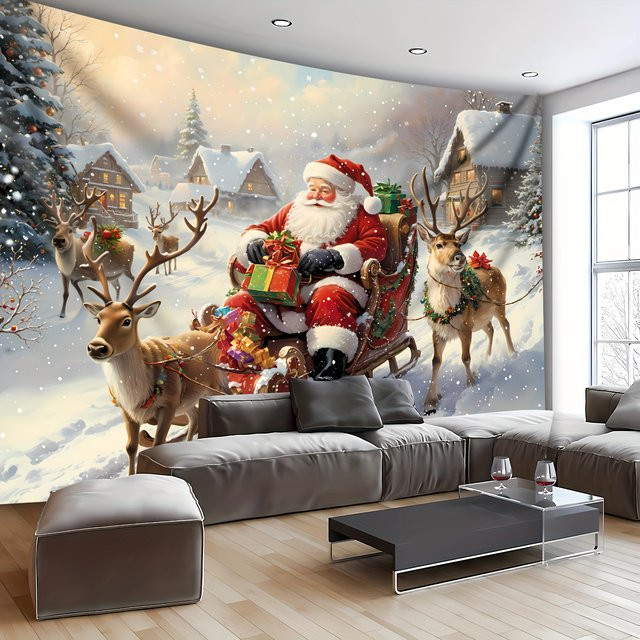 VIKAMA Weihnachts-Wandbehang mit Weihnachtsmann, Schlitten und Rentier, Mehrfarbig, B/H: 75 x 58 cm - Bild 1