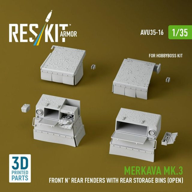 HobbyBoss Merkava Mk.3 - Front and Rear fenders with Rear stowage bins (open), 3D Printed - Bild 1
