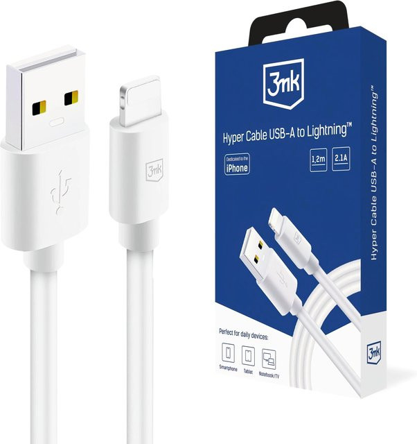 3MK Hyper Daten- und Ladekabel USB-A auf Lightning, 12W, Weiß, Länge: 1,2 m - Bild 1