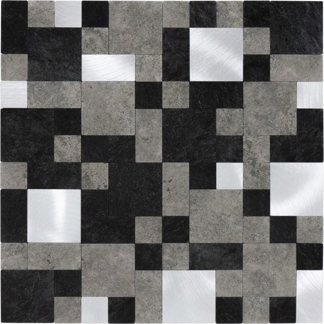 Dalsys Selbstklebende Fliesen in Steinoptik mit geometrischen Quadraten, Schwarz Silber Grau, 1 m² (11 Stück) - Bild 1
