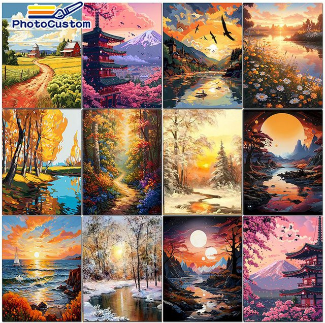 PhotoCustom Malen nach Zahlen Set mit Sonnenuntergang Landschaft Motiv in Mehrfarbig für Herbst und Winter als DIY Leinwand Dekoration - Bild 1