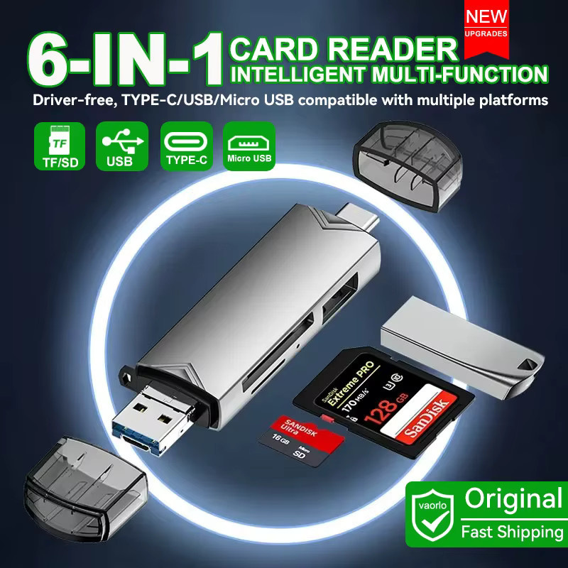 VAORLO 6-in-1 OTG Multifunktions-USB-3.0-Kartenleser mit USB-C und USB-A für SD und TF Speicherkarten, Weiß - Bild 2