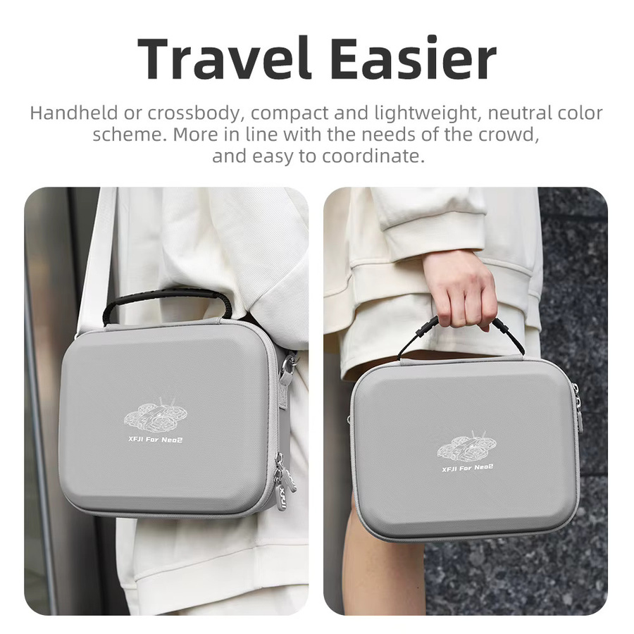 XFJI Tragetasche Kompatibel mit DJI Neo 2 Schultertasche aus PU-Leder in Grau als Reisetasche und Organizer für Drohnen-Zubehör - Bild 3
