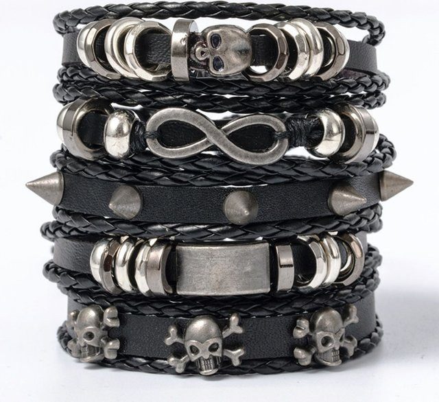 Armband-Set, Totenkopf & Stern, Messing, PU-Leder, Schwarz, Unisex - Bild 1