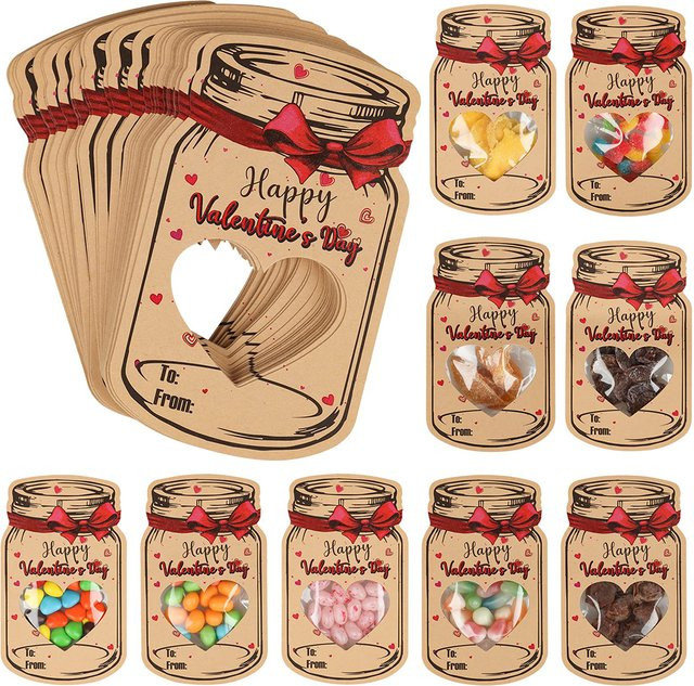 24er Set Kraft Candy Jar Valentinstag Karten mit transparenten versiegelten Taschen für Klassenzimmer und Partys - Bild 1