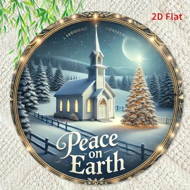 CIFBUY Weihnachtskranz Metallschild mit Winterkirche und Frieden, kreisförmiges Eisenschild, Durchmesser: 20,3 cm - Bild 1