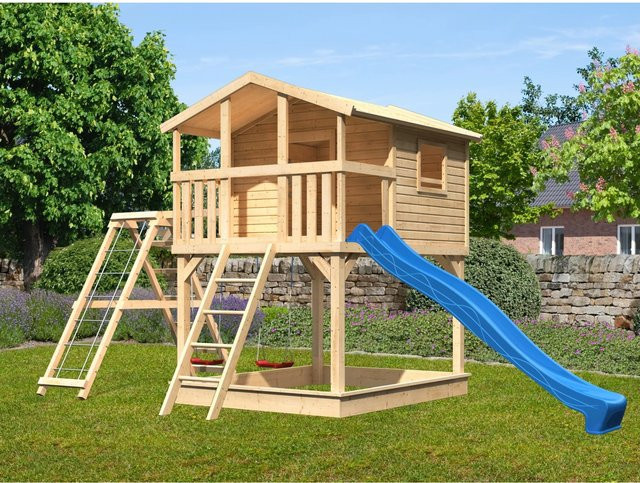 Karibu Stelzenhaus Benjamin Natur mit Doppelschaukel, Klettergerüst und Rutsche in Blau - Bild 1