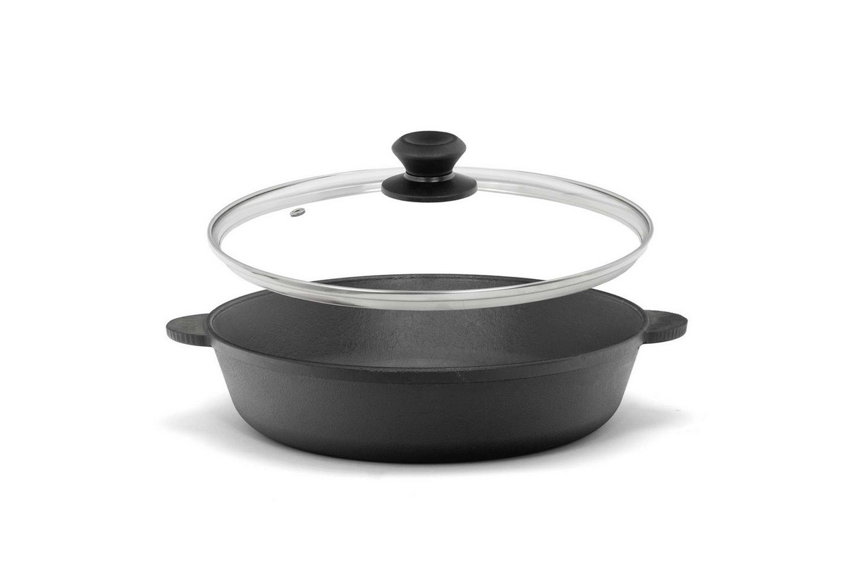 4BIG.fun Gusseisenpfanne mit Glasdeckel Ø 26 cm, Induktionsgeeignete Schmorpfanne und Bräter - Bild 1