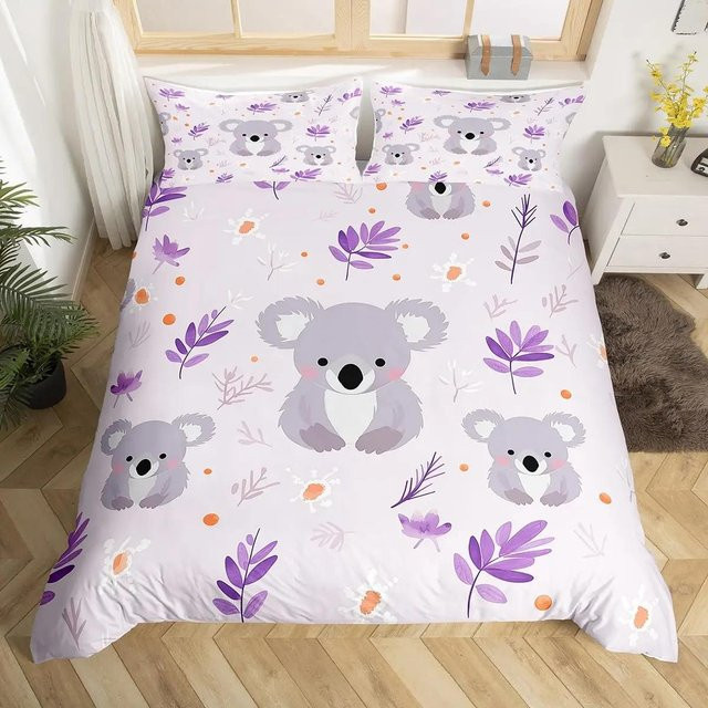 JMG Household Supplies Bettwäsche-Set mit Koala-Motiv und floralem Design, Farbe: Lila, B/H: 135 x 200 cm - Bild 1