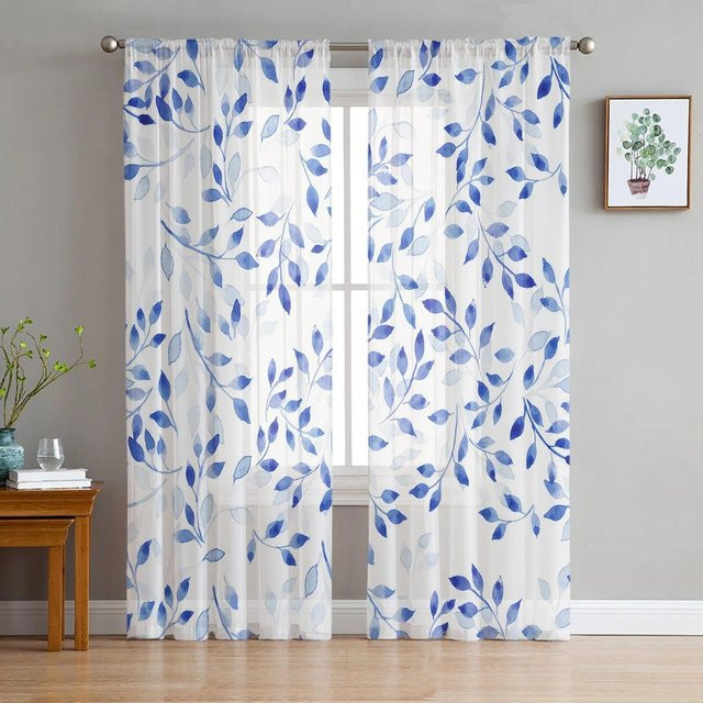 A Family Of Home Textiles Transparenter Tüllvorhang mit blauem abstraktem Pflanzenblattmuster, Farbe: Weiß/Blau, Breite: 135 cm, Höhe: 114 cm - Bild 1