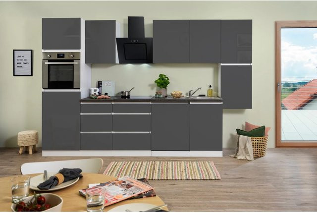 Respekta Küchenzeile modern in Grau und Weiß Hochglanz ohne Elektrogeräte B: 330 cm, H: 220,5 cm, T: 60 cm - Bild 1