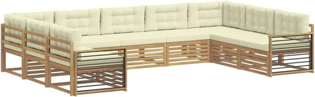 vidaXL Outdoor-Sofagarnitur 9-teilig aus Massivholz Akazie in Weiß und Creme mit Kissen und Armlehnen - Bild 1