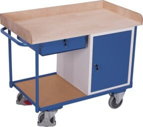 VARIOfit Werkstattwagen aus Stahl mit 2 Ladeflächen, 1 Schrank, 1 Schublade und Tablett in Grau und Blau - Bild 1