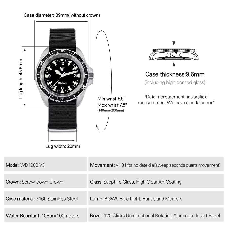 Watchdives Armbanduhr, Quarz, Edelstahl, Saphirglas, 10 ATM, Herren - Bild 2
