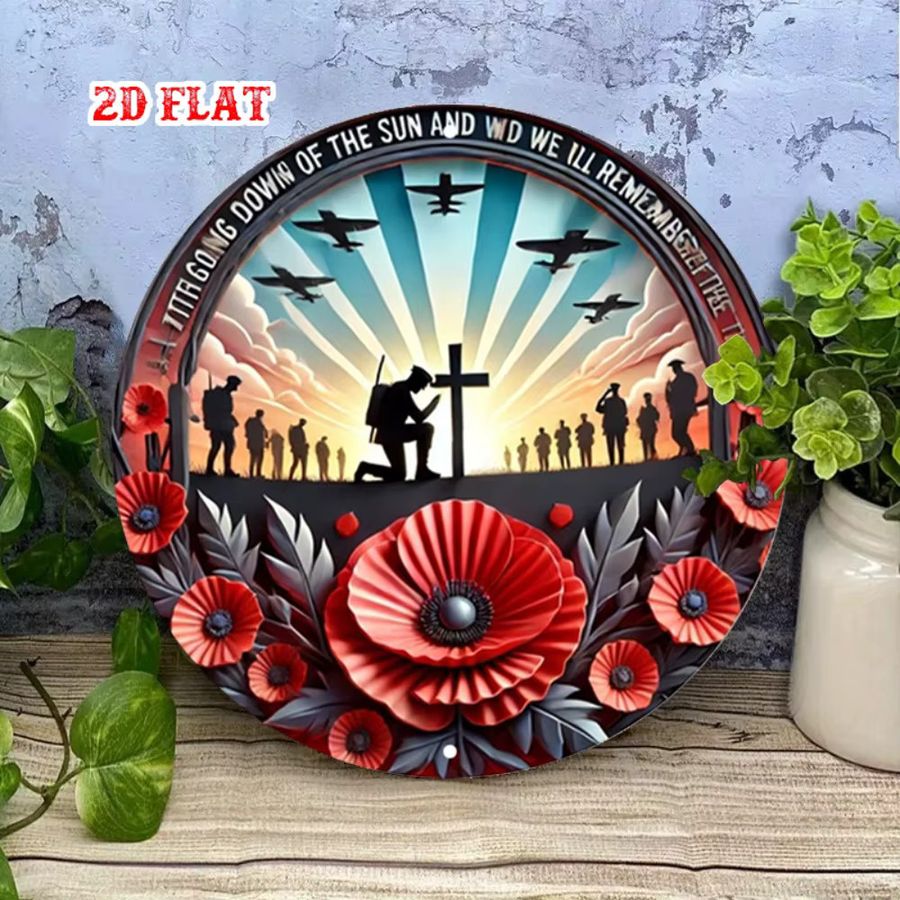 HELLOYOUNG Vintage-Militär-Wandschild aus Metall mit roter Mohn-Soldat-Silhouette Lest We Forget, rundes Aluminium-Dekor für Zuhause und Garage, Durchmesser: 19,8 cm - Bild 2
