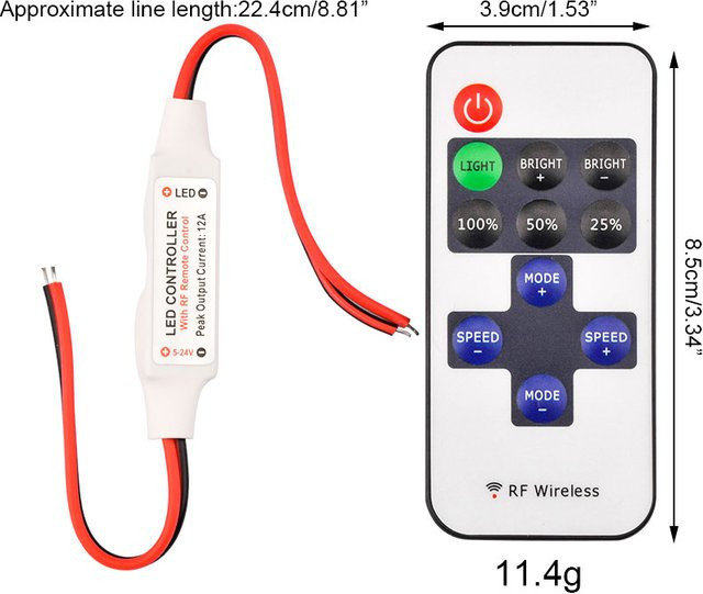 occkic Mini RF Dimmer-Controller mit kabelloser Fernbedienung für LED-Streifen, DC5V-DC24V, Farbe Weiß - Bild 1